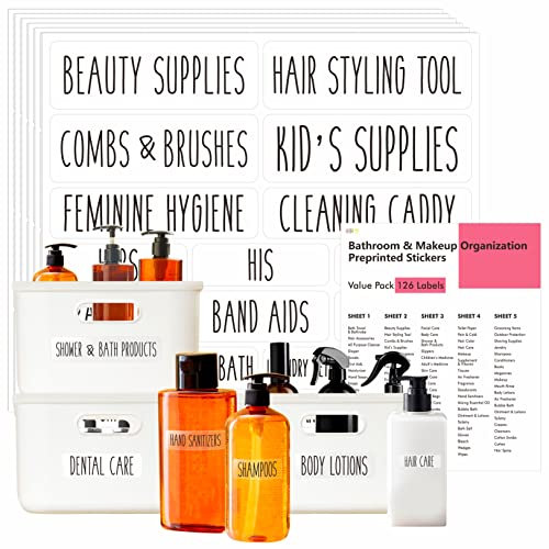 126 PCS Clear Bathroom Organization Labels, Set of Shampoo Soap Tools for Bathroom and Beauty Makeup Storage, Water Tear Resistant