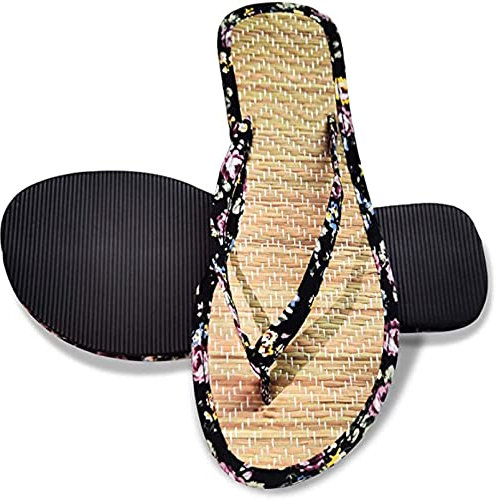 ASDNN Chaussons De Paille, Tongs Bambou Laminé Détail Paille Paille Femmes Confortables Tongs Chaussons Unisexe-Adulte Chaussons, Chaussures De Plage Couple Sandales,Noir (Noir 36eu)