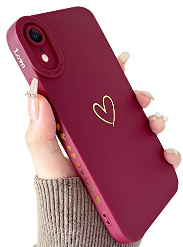 SmoBea Compatible with iPhone XR Case, Cute Gold Heart Pattern Phone Case for Women Girls With Side Small Love Pattern Silicone Protective Shockproof Phone Case (Red)