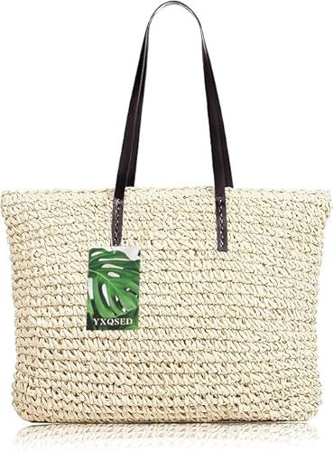 YXQSED Damen Gewebte Tasche Stroh Handtasche -Strandtasche Stroh Sommer Umhängetaschen Handgemachte Schultertaschen für Frauen Groß