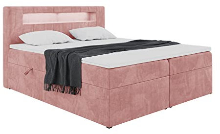 MEBLINI Boxspringbett mit Bettkasten - Bett mit LED Kopfteil - Gepolstert Doppelbett mit Matratze und Topper - Polsterbett mit Stauraum - Stauraumbett - ASPIN - 180x200 - H4/Rosa Samt