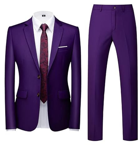 Uomo Slim Fit 2 Pezzi Vestito Elegante Tinta Unita Due Bottoni Monopetto Partito Blazer Pantaloni Set, Viola, XL