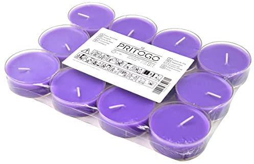 Pritogo Velas aromáticas maxi (12 unidades, color lila – lavanda), carcasa de plástico, 4 horas de combustión, XXL, diámetro 5,8 x 2,3 cm