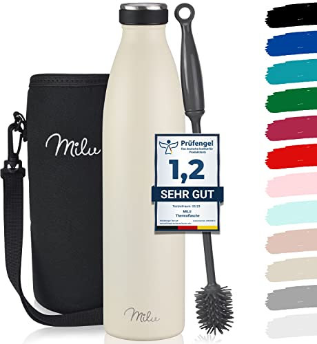 Milu Botella de acero inoxidable 350, 500, 750, 1000 ml, botella térmica aislada, botella térmica a prueba de fugas, apta para ácido carbónico (Crema de mantequilla, 1000ml)