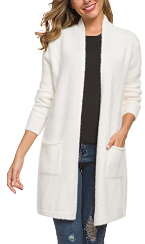 IWOLLENCE Womans Long Boyfriend Cardigan Jumpers Thick Fuzzy Fluffy Knit Sweater Tops for Ladies UK Women's Cardigans (White, M)