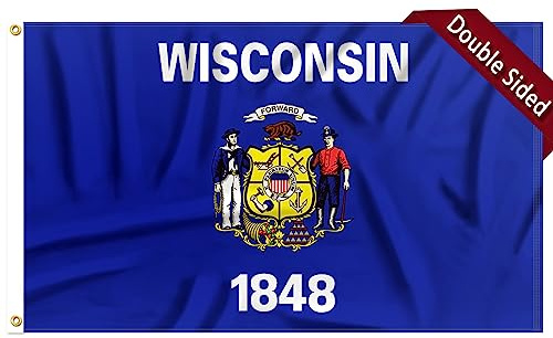 FLAGWIN Wisconsin-Flagge, 90 x 150 cm, 3-lagig, doppelseitig, Polyester, Wisconsin-Flagge mit Messingösen, lebendige Farben und lichtbeständig, Staat Wisconsin, 7,6 x 12,7 cm