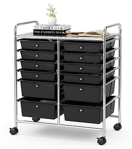 GIANTEX Rollwagen mit 12 Schubladen stapelbar, Schubladenwagen Badrollwagen Küchenwagen mit feststellbaren Rollen, Aufbewahrungswagen Haushaltswagen für Küche Bad Büro 64x38x75 cm (Schwarz)
