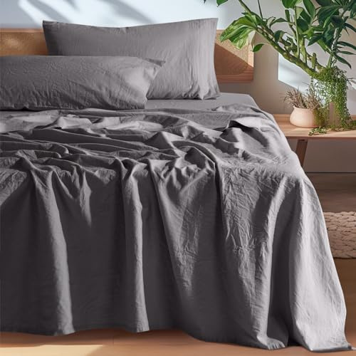 SONORO KATE 100% French Linen King Size Sheets Set,Natural Flax Bedding