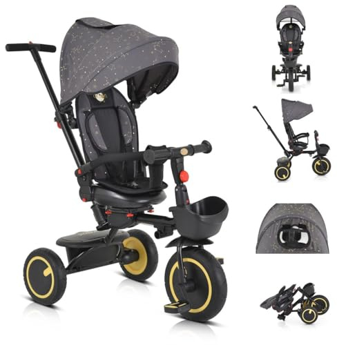 Byox Dreirad Tricycle Orion faltbar, PU-Reifen, drehbarer Sitz, Schiebestange gelb