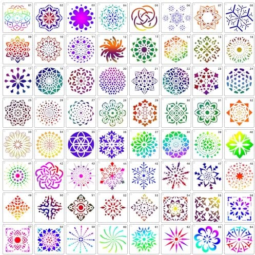 MWOOT 64 Stück Mandala Schablone Malen,Wiederverwendbare DIY Painting Templates Stencils für Malerei an der Wand,Kleine Schablonen Malen für Felsenstein Malerei Handwerk Dekoration(10x10CM)