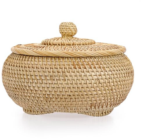 IGNPION Rattan-Aufbewahrungskorb mit Deckel, Mehrzweck-Aufbewahrungskörbe für Regal und Schreibtisch, gewebtes Picknick, Obst, Brot, Eierhalter, Schüssel (klein)