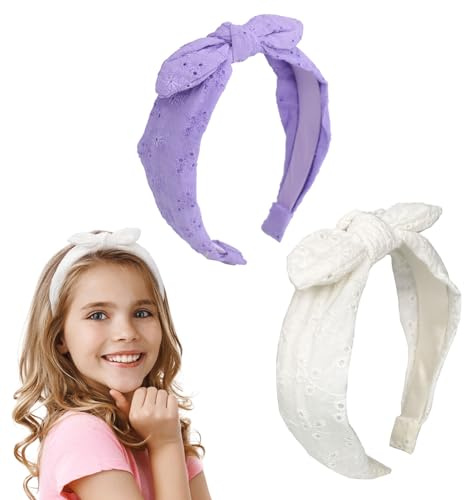 Melbelia Bow Headbands for Girls, Thin Headband with Bow Women Hair Accessories Fashion Knotted Head Band Non Slip for Girls(Purple/White, 2Pcs)
