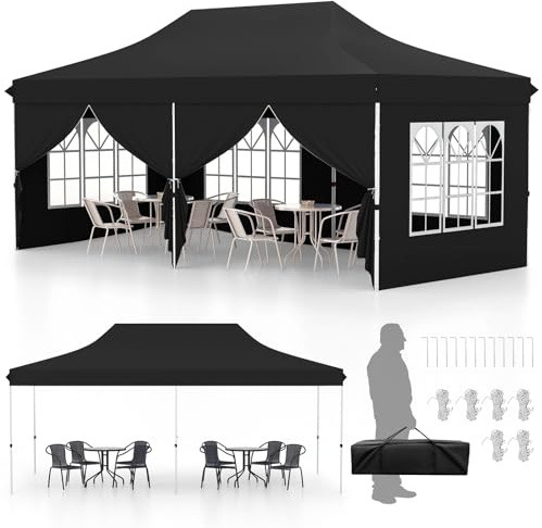 COSTWAY Gazebo da Giardino 3 x 6 m, Tendone per Feste con 6 Pannelli Laterali Rimovibili, con Borsa da Trasporto, Design Pop-up, per Matrimonio Eventi e Barbecue (Nero)