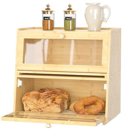 DFENG 44×26×41cm Bamboo Bread Bin Breadbox,2-Layer Stackable Bread Box with Clear Window,Large Capacity Bread Storage for Kitchen Detachable 2 Independent Bread Boxes