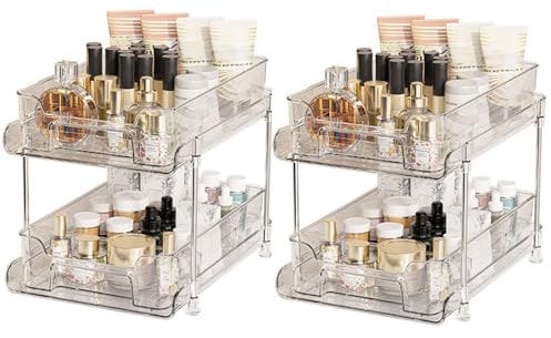 Himilucky 2 Tier Organizer Storage, Display Unit Shelf, Pull Out Medicine Cabinet Organizer for Cabinet Kitchen Pantry Storing Spices, Bathroom, Skincare, Under Sink (2 Pack Clear)