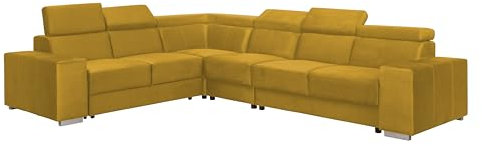 FORNIRO Alma Ecksofa L-Form mit Schlaffunktion – 330x265x85cm - Gelb – Moderne Wohnlandschaft mit verstellbaren Kopfstützen – Stabil gebaut hoher Sitzkomfort – Viele Farben Stoffvarianten wählbar