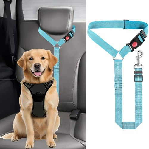 Dog Car Seat Belt, Blue | UK Headrest, Adjustable Harness, Anti Shock Elastic, Pet Safety Restraint