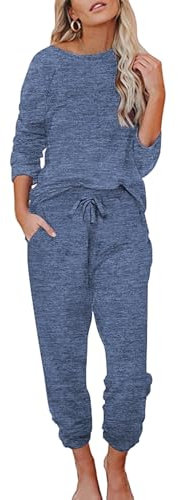 Ekouaer Damen Schlafanzug Lang Weich Pyjama Set mit Taschen Zweiteiler Sleepwear Winter Hausanzug Marineblau S
