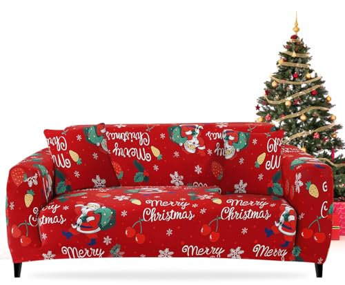 FIGOOO Sofabezug Weihnachten 2 Sitzer Stretch Sofabezüge mit Armlehnen Spandex Couchbezug Christmas Anti-Rutsch Waschbar Sofa Protection Cover Schonbezug Couch(2-Sitzer,Kirsche)