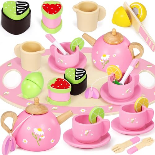 Seagoal Wooden Tea Set for Toddlers, Kids Tea Set Toys for Age 3+, Montessori Wooden Toddler Toys, Kids Tea Party Set with Play Dessert Tray Teapot