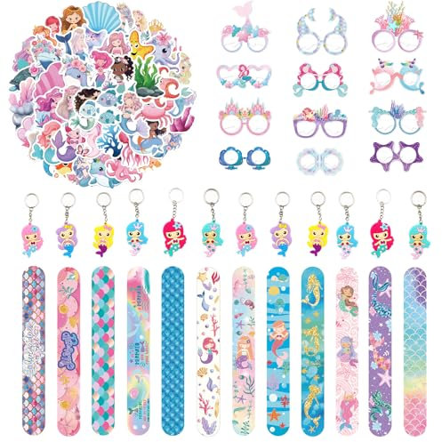 86Pcs Sirena Regalo di compleanno per bambini, Gadget Mermaid Compleanno, Slap Bracciali+Cartone animato Portachiavi+Bambini Adesivi+Occhiali di Carta a Sirena, Regali per Feste Sirena per Ragazze