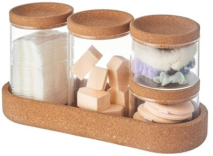 Eden & Willow Set of 4 Stackable Clear Glass Canister Jars Set with Cork Lids and Stand, Airtight Storage Containers for Bathroom Organisation, Kitchen, Tea, Coffee, Sugar, Spices and Cosmetics