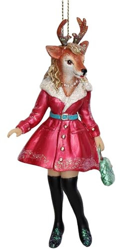 Christbaumschmuck 12,7cm Keramik - Hirsch Lady Figur zum Aufhängen - handbemalt & mit Glitzer - Weihnachtsbaum Anhänger für Weihnachten - Christbaumanhänger & Weihnachtsbaumschmuck - Tiere Reh Pink