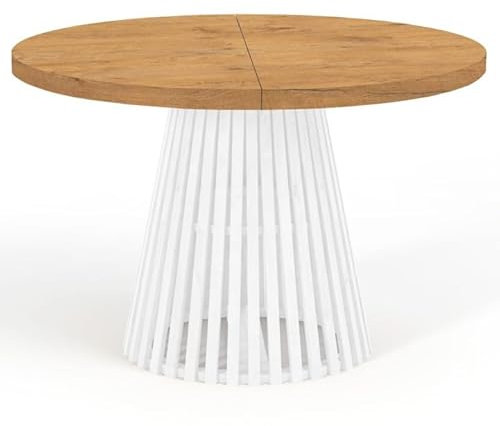 Dekori Möbel Runder Ausziehbarer Tisch für Esszimmer, Dover - Industrial/Loft Still mit Lamellenbeine, Durchmesser Varianten : von 90 bis 220 cm (Eiche Lancelot/Weiß, 120/220)