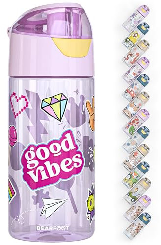 BEARFOOT Trinkflasche Kinder 450ml, leichte Tritan Wasserflasche, BPA frei, auslaufsicher, Kohlensäure geeignet, spülmaschinenfest für Jungen, Mädchen, Kleinkind (Lila - Sticker)