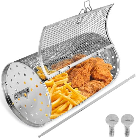 Tower Air Fryer Basket 360° Rotating Frying Basket Grill Roaster Drum Grilled Cage Stainless Steel Tower Rotisserie Basket Rolling Grill Cage Dishwasher Safe for Air Fryer Oven BBQ (12x23cm)
