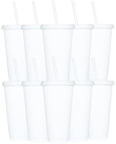 Yisituo 24 oz Reusable Plastic Cups, 10 Pack Cold Cups with Lid and Straw, Tumblers Travel Mugs for Adults and Kids Party and Beach, Pool Gatherings (10, White)