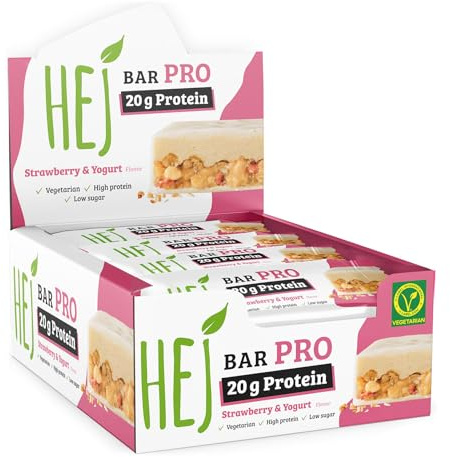 HEJ Bar Pro Proteinriegel Snack – Low Sugar Eiweißriegel | 20g Protein & 239kcal pro Riegel | Vegetarisch & ohne Palmöl – 12x60g Strawberry Yogurt