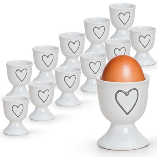 Bunte Landhaus-Stil Eierbecher 12er Set weiß - Runde Keramik Frühstücks-Eier Herzen Untersetzer