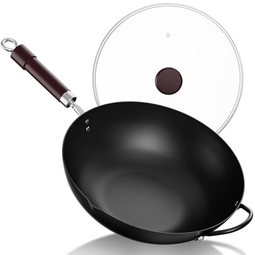 Jobin 32 cm/12.6-inch Wok Non Stick with Lid, Pre-Seasoned Chinese Carbon Steel Wok with Pouring Spout and Steel Helper Handle, Pan for All Cookware