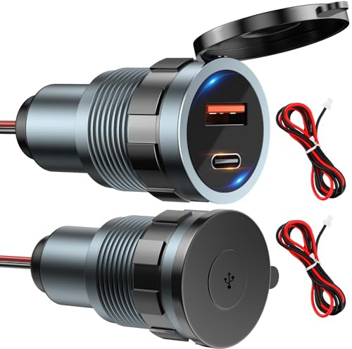 USB Steckdose 12v Vollaluminium - (2 Stück) Einbausteckdose 12v Wohnmobil,12 Volt Steckdose Autoladegerät,Typ-c USB Anschluss PD3.0 QC3.0 Zigarettenanzünder,Passend Für 12~24vdc Fahrzeuge,Boote