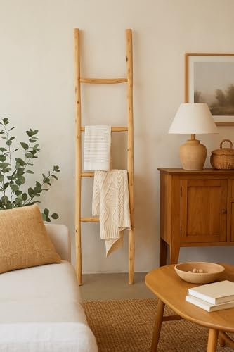 Biscottini Escalera toallero baño 168 x 36 x 3 – Escalera decorativa de madera – Escalera de madera para colgar toallas – Escalera toallero de bambú – Escalera toallero de pared de metal