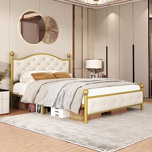HYSZ Modern Metallbett, Bettgestelle mit Lattenrost, Doppelbett, Bettrahmen mit Kopfteil, Gästebett, Jugendbett für Schlafzimmer, Gästezimmer, 140x200 cm, golden