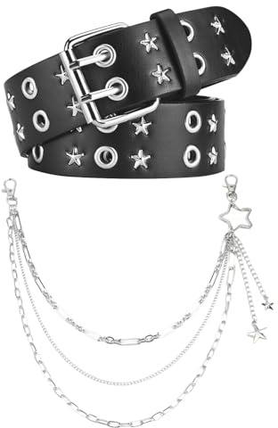 SyhirNmly Double Grommet Star Studded Belt,Y2k Belts for Women,L:43.7'' W:1.5'' Black Punk Rock Grunge EMO Goth Belt with Pants Chain (Hollow star style)
