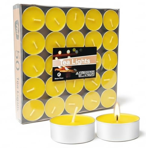 Artisoul 50 Stück Teelichter ohne Duft, gelb – 4 Stunden Brenndauer, Ø 3.8 cm, ideal für Tischdeko, Restaurant, Kirche & Osterdekoration, Feiern & gemütliche Atmosphäre