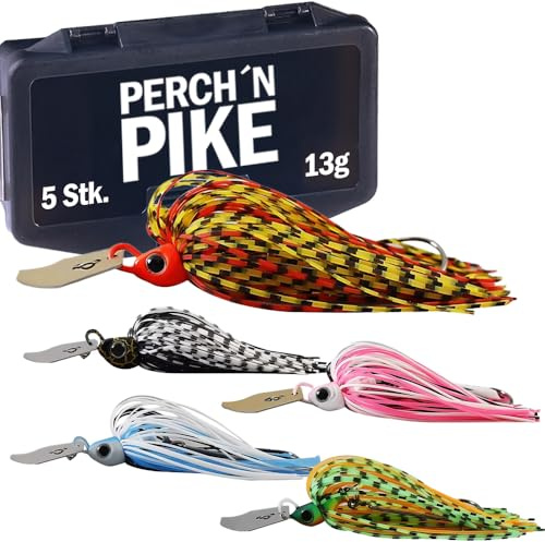 PERCH`N PIKE 5er Chatterbait Angelköder Set mit Box, 7g/13g/21g Kunstköder für Spinnfischen auf Hecht, Barsch und Zander, Hecht Köder Set inkl. Box für Raubfisch Angler (Set 2-13g)