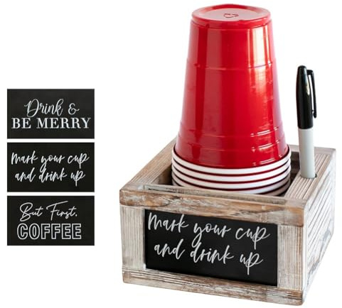 Fangxuee Mark Your Cup and Drink Up Cup Holder Wooden-Cup Organizer with Interchangeable Signs, Coffee Cup Holder with Marker Slot