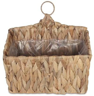 Relaxdays Blumenampel Wasserhyazinthe, Kräuter, Pflanzen, HBT 29 x 28 x 15 cm, Pflanzkorb geflochten, Folie, Ring, Natur