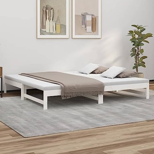 Mokuyary Tagesbett Ausziehbar Weiß 2X(100x200) cm Massivholz Kiefer, Schlafsofa Bett mit Lattenrost Bettgestell, Gästebett Couch Bett ohne Matratze Sofabett für Wohnzimmer, Schlafzimmer