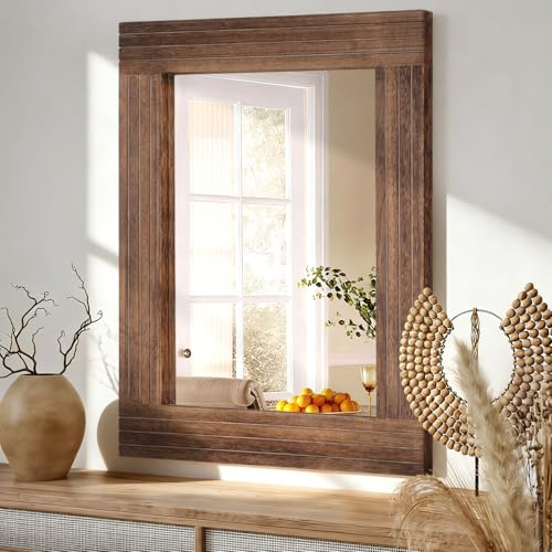 HLFMVWE Rustikaler Spiegel, Holz, rechteckig, Antik-Optik, Wandspiegel, Rahmen, Dekoration, Farmhouse, Schlafzimmer, Eingangsspiegel, groß, Braun, 45 x 65 cm