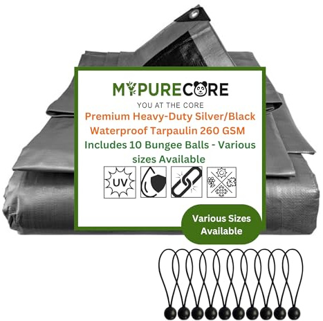 MYPURECORE Heavy-Duty Tarpaulin 260 GSM with 10 Bungee Balls – Waterproof, UV & Frost-Resistant Tarp – Silver/Black Reversible Cover for Camping, Garden, Gazebo, Trailer & Outdoor Use (4m x 4m)