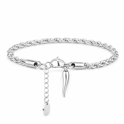 SAGA GIOIELLI® Bracciale torchon argentato con ciondolo corno portafortuna uomo - donna in Acciaio inox – Lunghezza 18+3 cm Confezione Regalo (spessore 3,8 mm)