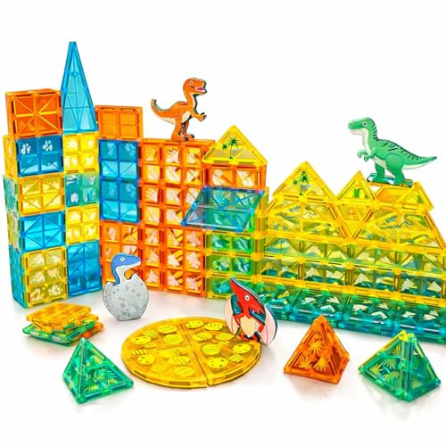 WonderToys Mangetic Tiles Magnet Building Toys, Magnetic Building Set for Kids, Stacking Blocks, Perfect STEM Toys Gift for Boys and Girls (63 PCS Dinosaurs Set)