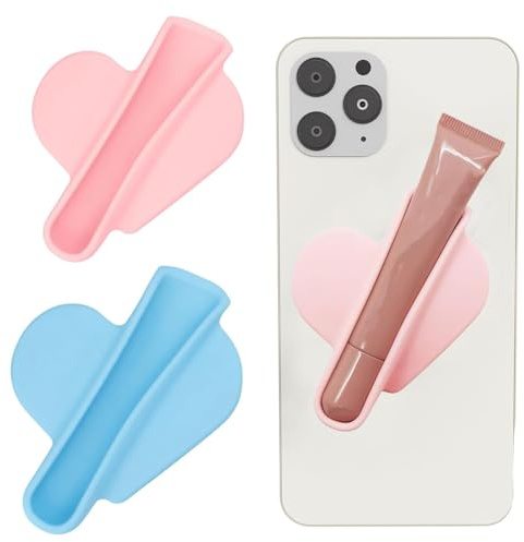 2er Pack Silikon Lipgloss Halter in Herzform, Handy Lippenstift Halter, Selbstklebende Lipgloss Aufbewahrung für Handyhülle, Rosa & Himmelblau
