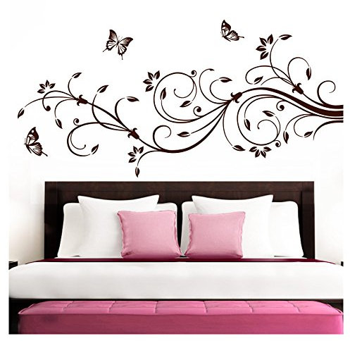 Grandora Wandtattoo XXL Blumenranken Schmetterlinge Blumen I braun (BxH) 160 x 69 cm I Schlafzimmer Liebe Flur Wohnzimmer modern Aufkleber Wandaufkleber W1073