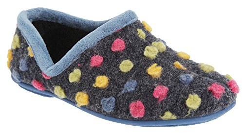 Sleepers Womens Jade Knitted Textile Lightweight Dotted Full Slippers with Rubber Sole Blue